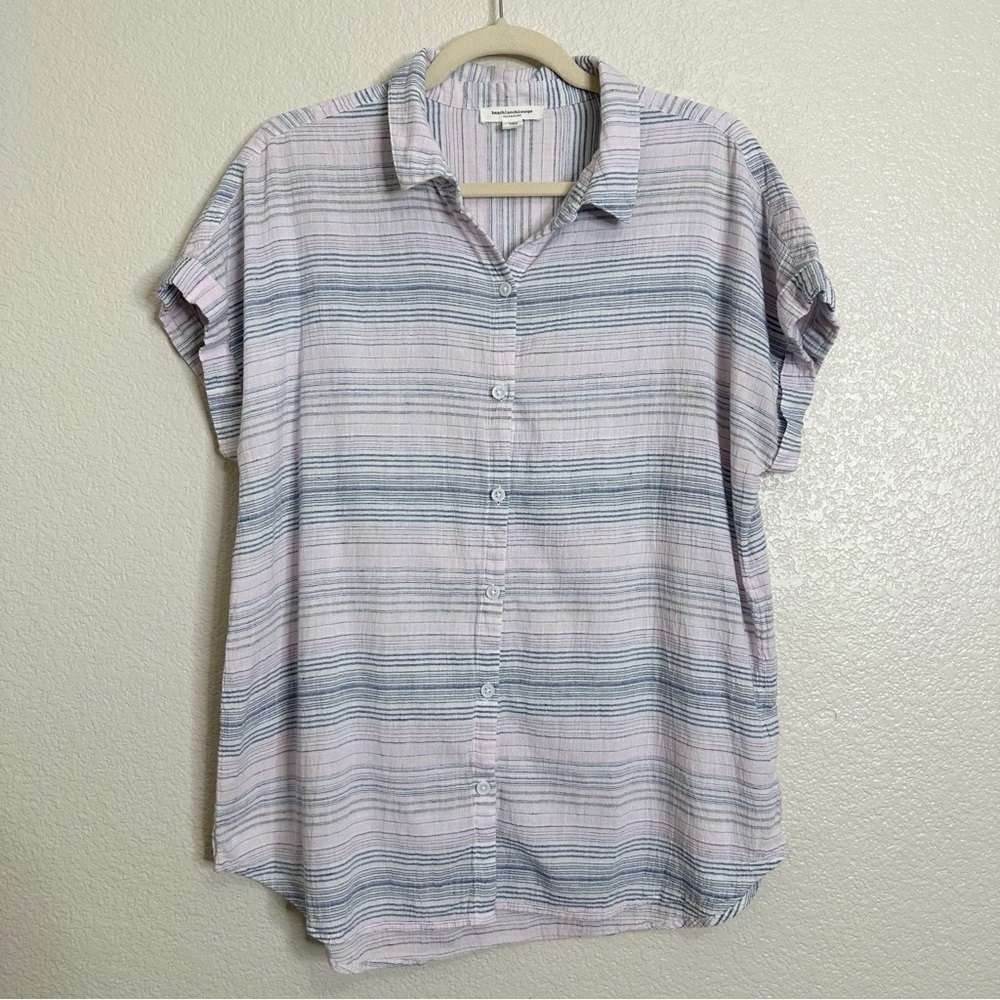 Beachlunchlounge Women's Pink Blue Striped Button Down Shirt, Sz Large